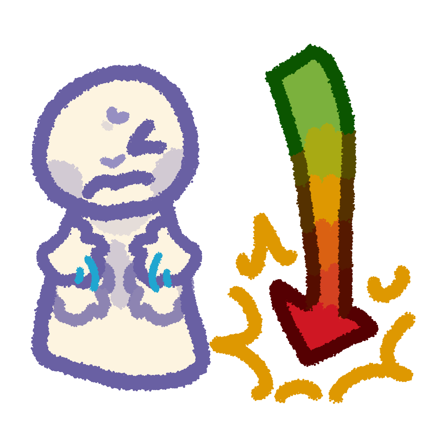 A distressed white and purple person flapping their hands. Next to them is a green-yellow-red gradient arrow pointing downwards, with yellow sparks and zig tags around the point of the arrow